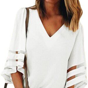 BLENCOT Womens 3/4 Bell Sleeve Fashion V Neck Lace Patchwork Blouse